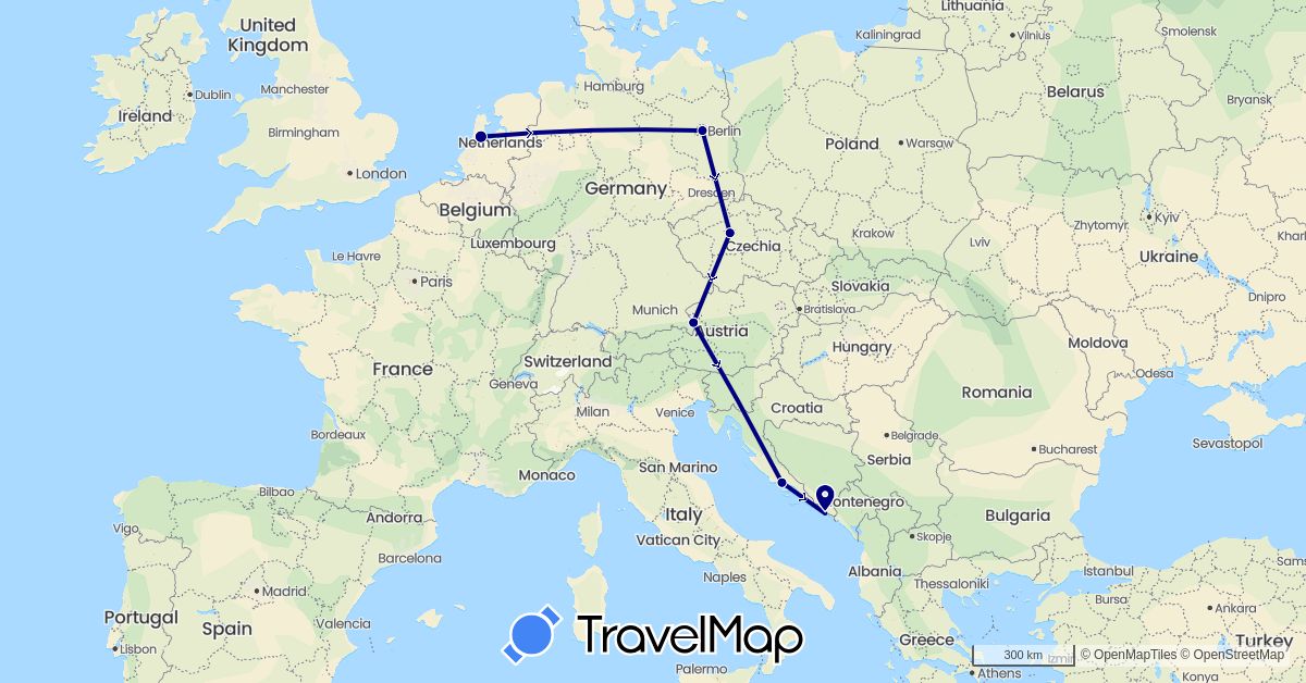 TravelMap itinerary: driving in Austria, Czech Republic, Germany, Croatia, Netherlands (Europe)